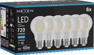 Mexen Vintis 6x LED filamentová žárovka E27, A60, 6W, Studená - 6500K, 720 lm, čirá - L150-E27-0665-00x06