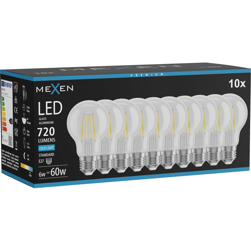 Mexen Vintis 10x žárovka filament LED E27, A60, 6W, Studená - 6500K, 720 lm, čirá - L150-E27-0665-00x10