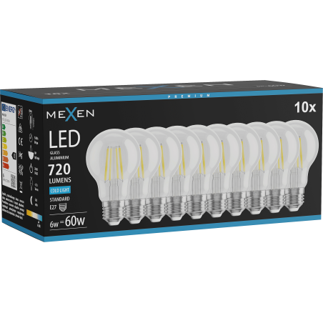 Mexen Vintis 10x žárovka filament LED E27, A60, 6W, Studená - 6500K, 720 lm, čirá - L150-E27-0665-00x10