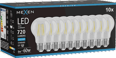 Mexen Vintis 10x žárovka filament LED E27, A60, 6W, Studená - 6500K, 720 lm, čirá - L150-E27-0665-00x10