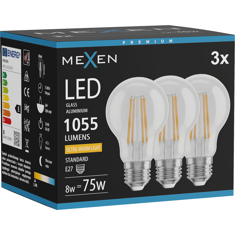 Mexen Vintis 3x LED žárovka filament E27, A60, 8W, Teplá - 2200K, 1055 lm, čirá - L150-E27-0822-00x03