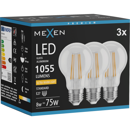 Mexen Vintis 3x LED žárovka filament E27, A60, 8W, Teplá - 2200K, 1055 lm, čirá - L150-E27-0822-00x03