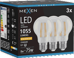 Mexen Vintis 3x LED žárovka filament E27, A60, 8W, Teplá - 2200K, 1055 lm, čirá - L150-E27-0822-00x03
