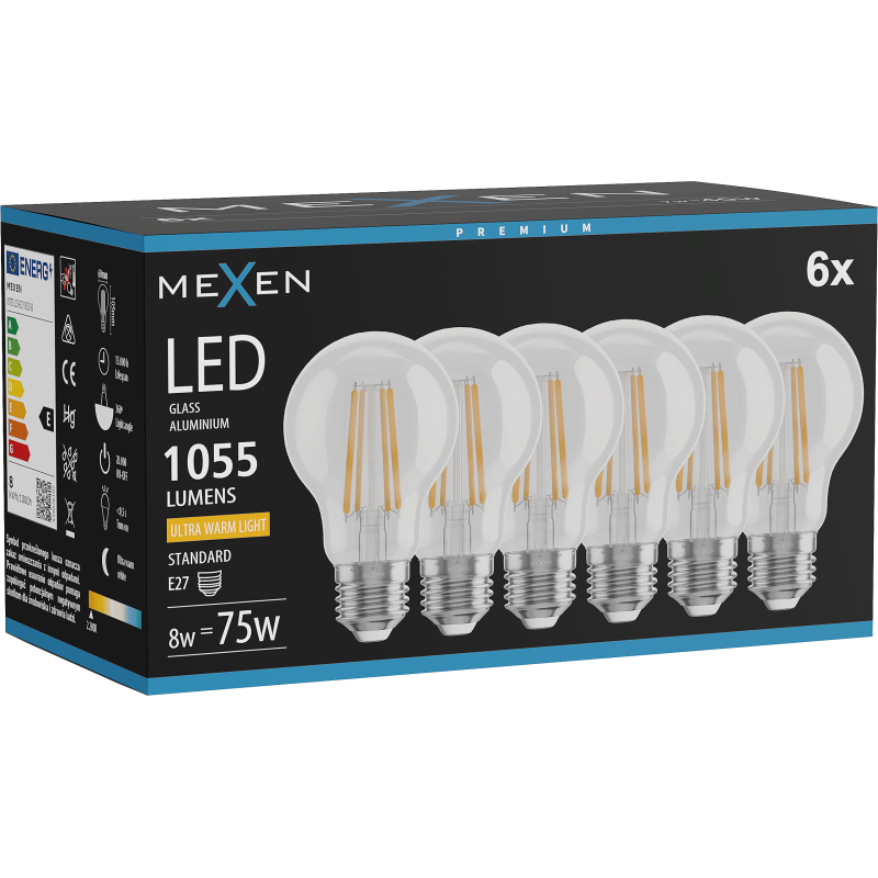 Mexen Vintis 6x LED filamentová žárovka E27, A60, 8W, Teplá - 2200K, 1055 lm, čirá - L150-E27-0822-00x06