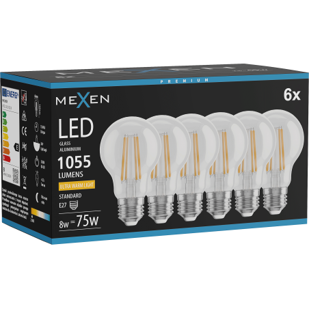 Mexen Vintis 6x LED filamentová žárovka E27, A60, 8W, Teplá - 2200K, 1055 lm, čirá - L150-E27-0822-00x06