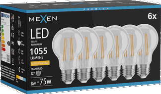 Mexen Vintis 6x LED filamentová žárovka E27, A60, 8W, Teplá - 2200K, 1055 lm, čirá - L150-E27-0822-00x06
