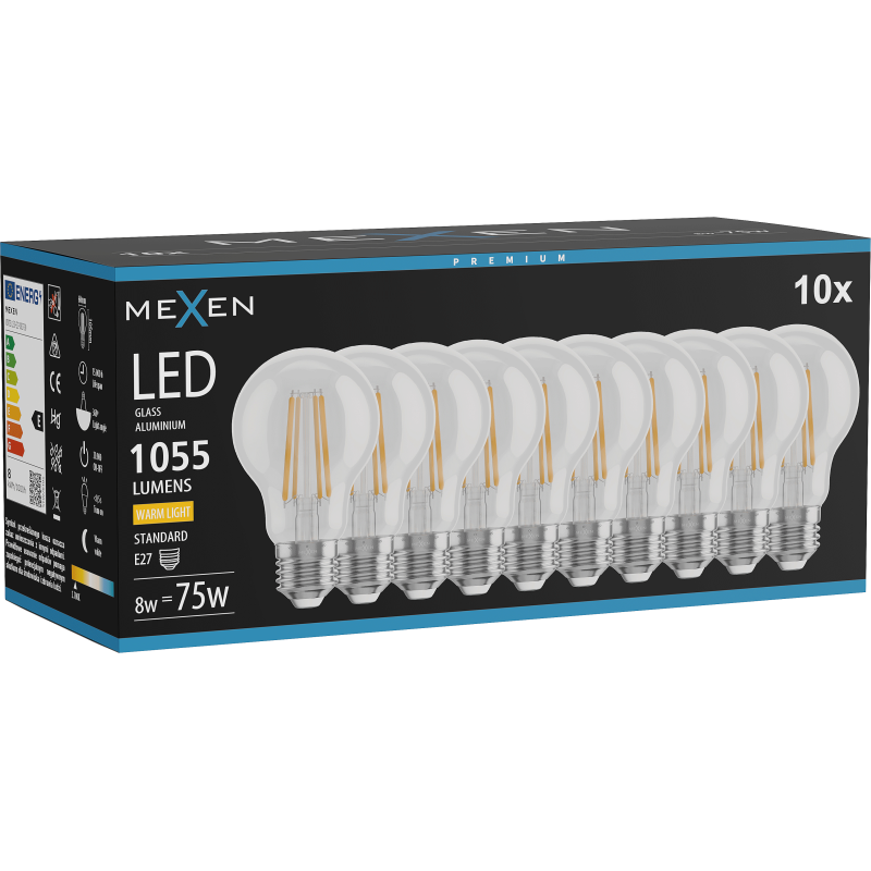 Mexen Vintis 10x Žárovka filament LED E27, A60, 8W, Teplá - 2200K, 1055 lm, čirá - L150-E27-0822-00x10