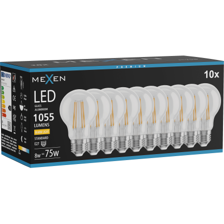 Mexen Vintis 10x Žárovka filament LED E27, A60, 8W, Teplá - 2200K, 1055 lm, čirá - L150-E27-0822-00x10