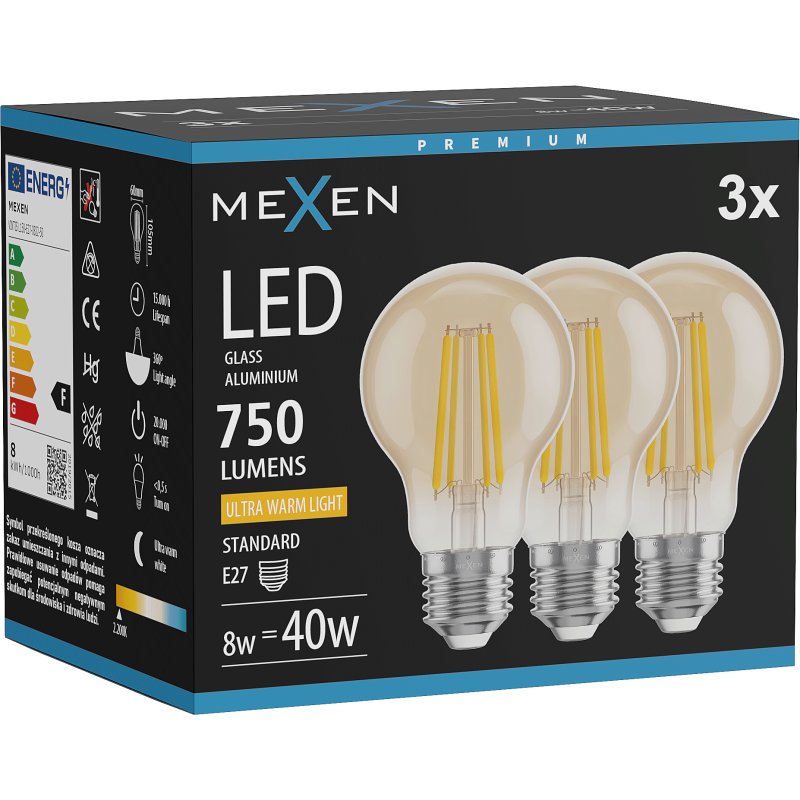 Mexen Vintis 3x žárovka filament LED E27, A60, 8W, Teplá - 2200K, 750 lm, jantarová - L150-E27-0822-50x03