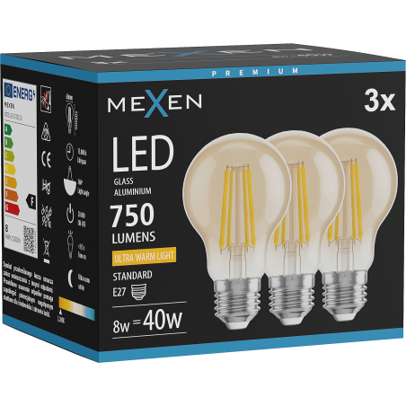 Mexen Vintis 3x žárovka filament LED E27, A60, 8W, Teplá - 2200K, 750 lm, jantarová - L150-E27-0822-50x03