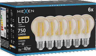 Mexen Vintis 6x Žárovka filament LED E27, A60, 8W, Teplá - 2200K, 750 lm, jantarová - L150-E27-0822-50x06