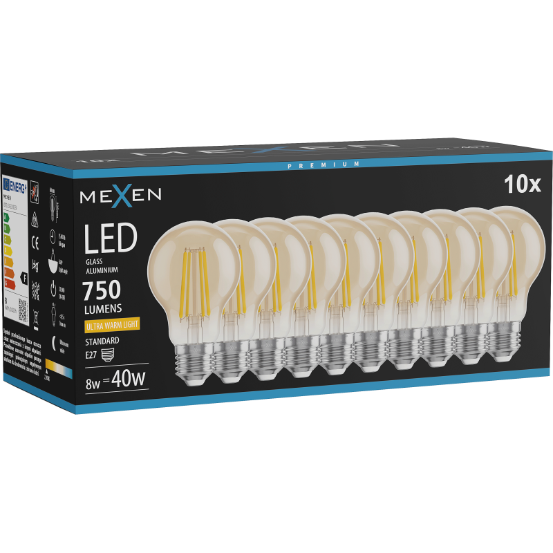 Mexen Vintis 10x žárovka filament LED E27, A60, 8W, Teplá - 2200K, 750 lm, jantarová - L150-E27-0822-50x10