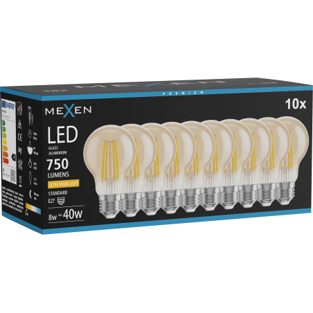 Mexen Vintis 10x žárovka filament LED E27, A60, 8W, Teplá - 2200K, 750 lm, jantarová - L150-E27-0822-50x10