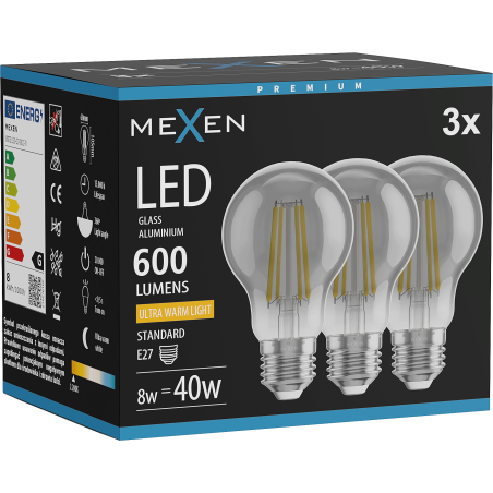 Mexen Vintis 3x žárovka filament LED E27, A60, 8W, Teplá - 2200K, 600 lm, kouřová - L150-E27-0822-70x03