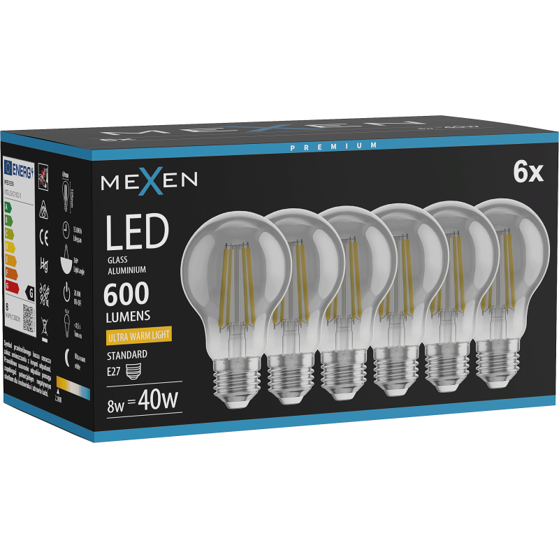 Mexen Vintis 6x žárovka filament LED E27, A60, 8W, Teplá - 2200K, 600 lm, kouřová - L150-E27-0822-70x06