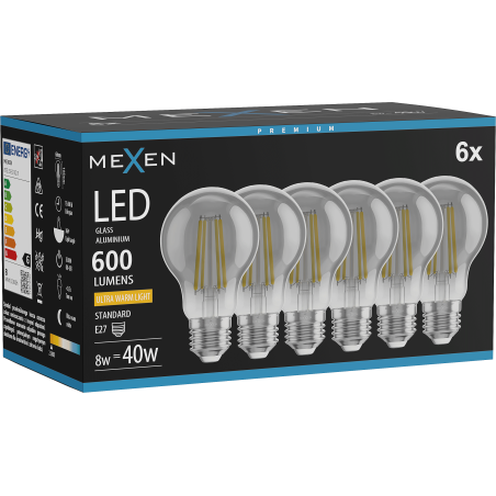 Mexen Vintis 6x žárovka filament LED E27, A60, 8W, Teplá - 2200K, 600 lm, kouřová - L150-E27-0822-70x06