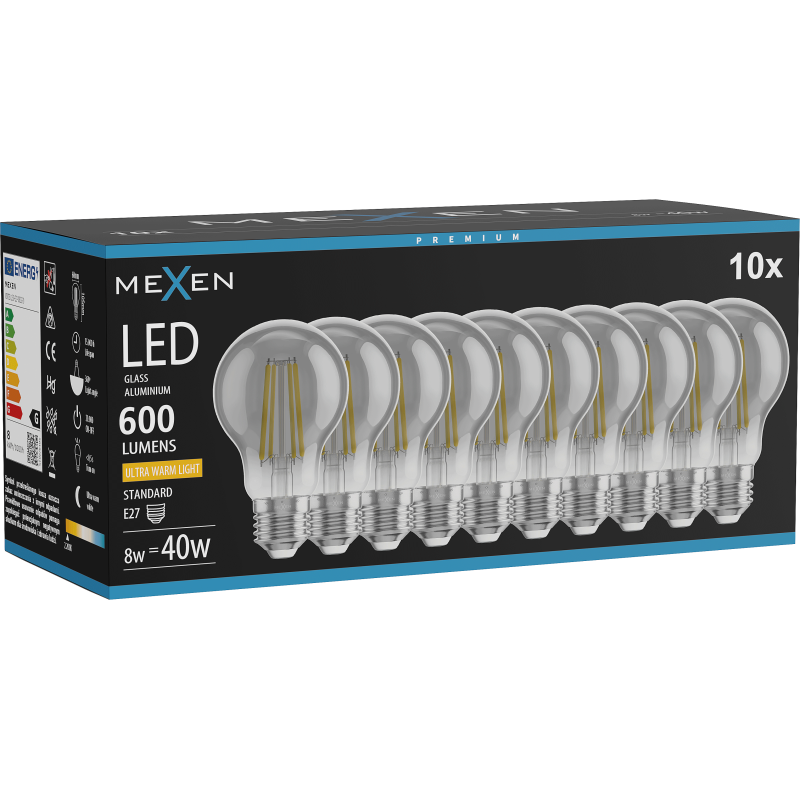 Mexen Vintis 10x žárovka filament LED E27, A60, 8W, Teplá - 2200K, 600 lm, kouřová - L150-E27-0822-70x10