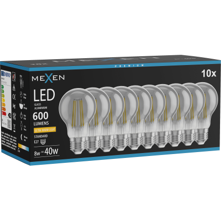 Mexen Vintis 10x žárovka filament LED E27, A60, 8W, Teplá - 2200K, 600 lm, kouřová - L150-E27-0822-70x10