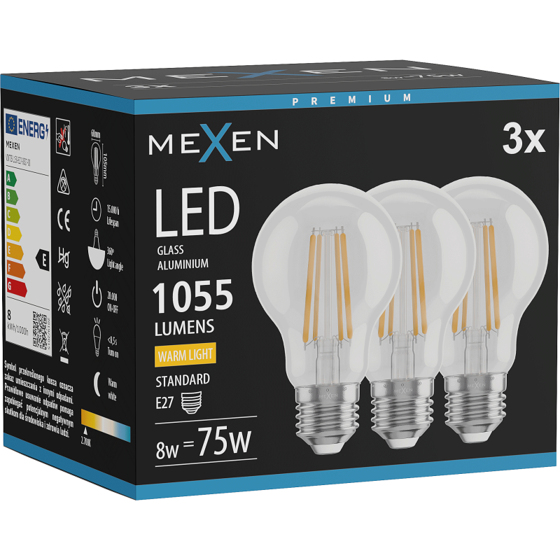 Mexen Vintis 3x LED filamentová žárovka E27, A60, 8W, Teplá - 2700K, 1055 lm, čirá - L150-E27-0827-00x03