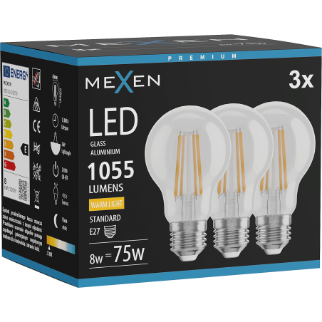 Mexen Vintis 3x LED filamentová žárovka E27, A60, 8W, Teplá - 2700K, 1055 lm, čirá - L150-E27-0827-00x03