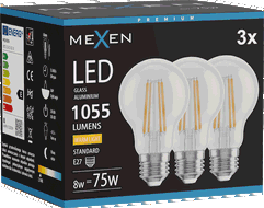 Mexen Vintis 3x LED filamentová žárovka E27, A60, 8W, Teplá - 2700K, 1055 lm, čirá - L150-E27-0827-00x03