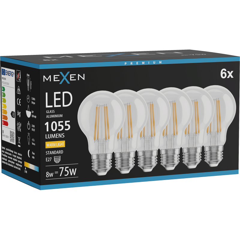 Mexen Vintis 6x Žárovka LED filament E27, A60, 8W, Teplá - 2700K, 1055 lm, čirá - L150-E27-0827-00x06