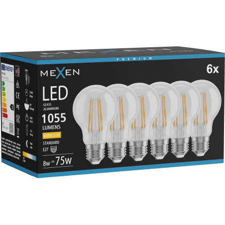 Mexen Vintis 6x Žárovka LED filament E27, A60, 8W, Teplá - 2700K, 1055 lm, čirá - L150-E27-0827-00x06