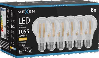 Mexen Vintis 6x Žárovka LED filament E27, A60, 8W, Teplá - 2700K, 1055 lm, čirá - L150-E27-0827-00x06