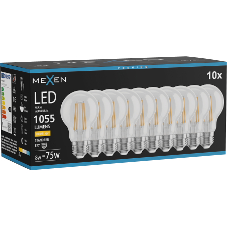 Mexen Vintis 10x Žárovka LED filament E27, A60, 8W, Teplá - 2700K, 1055 lm, čirá - L150-E27-0827-00x10