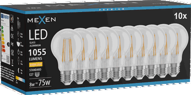 Mexen Vintis 10x Žárovka LED filament E27, A60, 8W, Teplá - 2700K, 1055 lm, čirá - L150-E27-0827-00x10