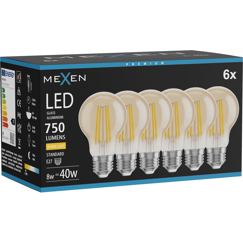 Mexen Vintis 6x žárovka filament LED E27, A60, 8W, Teplá - 2700K, 750 lm, amber - L150-E27-0822-50x06 - L150-E27-0827-50x06