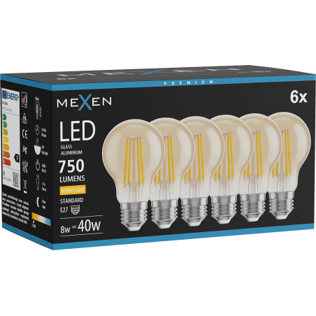 Mexen Vintis 6x žárovka filament LED E27, A60, 8W, Teplá - 2700K, 750 lm, amber - L150-E27-0822-50x06 - L150-E27-0827-50x06