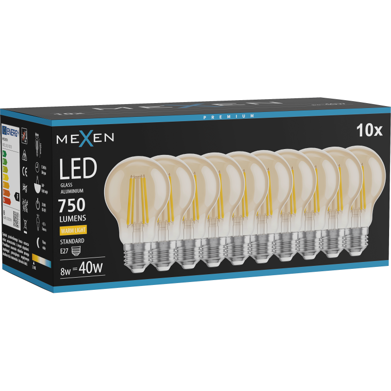 Mexen Vintis 10x Žárovka filament LED E27, A60, 8W, Teplá - 2700K, 750 lm, amber - L150-E27-0822-50x10 - L150-E27-0827-50x10