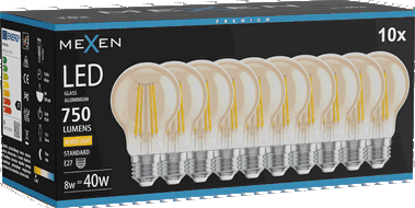 Mexen Vintis 10x Žárovka filament LED E27, A60, 8W, Teplá - 2700K, 750 lm, amber - L150-E27-0822-50x10 - L150-E27-0827-50x10
