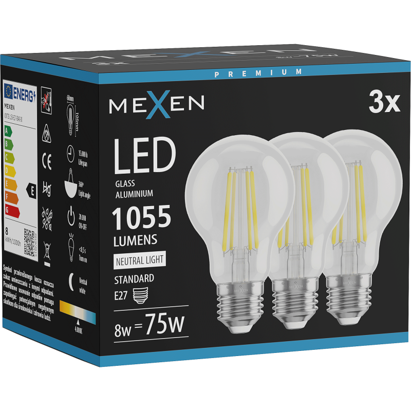 Mexen Vintis 3x Žárovka filament LED E27, A60, 8W, Neutrální - 4000K, 1055 lm, čirá - L150-E27-0840-00x03