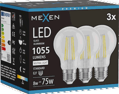 Mexen Vintis 3x Žárovka filament LED E27, A60, 8W, Neutrální - 4000K, 1055 lm, čirá - L150-E27-0840-00x03