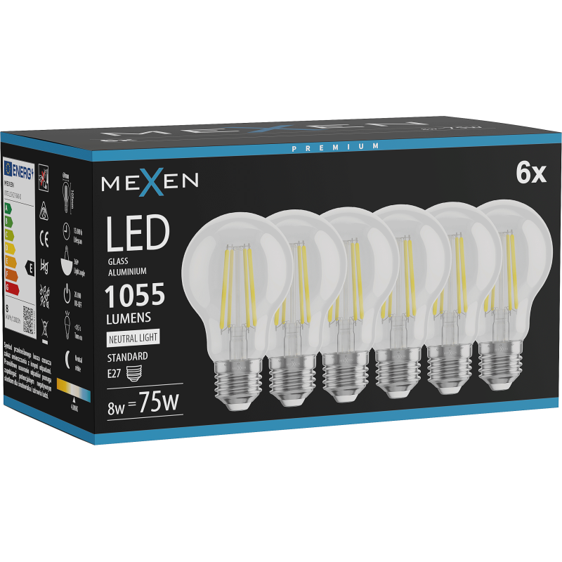 Mexen Vintis 6x Žárovka filament LED E27, A60, 8W, Neutrální - 4000K, 1055 lm, čirá - L150-E27-0840-00x06