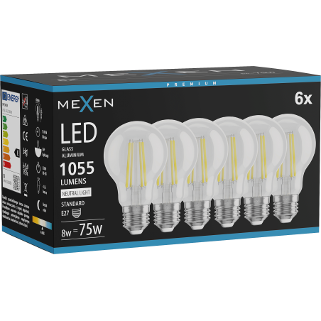 Mexen Vintis 6x Žárovka filament LED E27, A60, 8W, Neutrální - 4000K, 1055 lm, čirá - L150-E27-0840-00x06