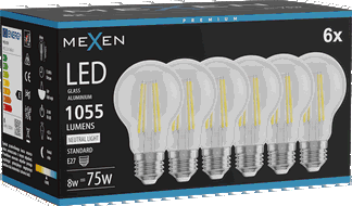 Mexen Vintis 6x Žárovka filament LED E27, A60, 8W, Neutrální - 4000K, 1055 lm, čirá - L150-E27-0840-00x06