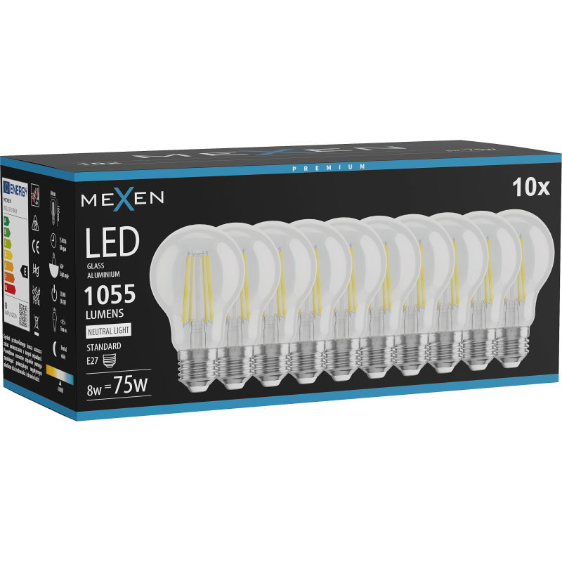Mexen Vintis 10x LED filamentová žárovka E27, A60, 8W, Neutrální - 4000K, 1055 lm, čirá - L150-E27-0840-00x10