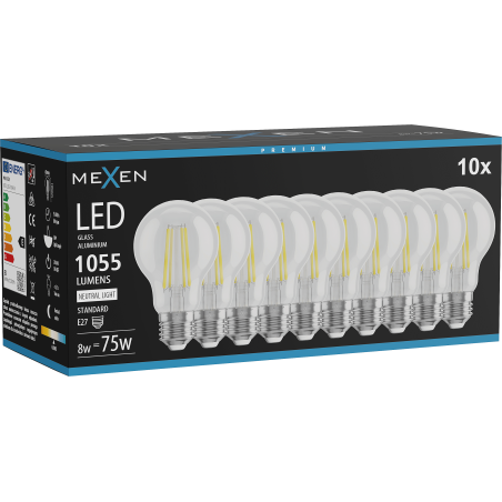 Mexen Vintis 10x LED filamentová žárovka E27, A60, 8W, Neutrální - 4000K, 1055 lm, čirá - L150-E27-0840-00x10