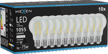 Mexen Vintis 10x LED filamentová žárovka E27, A60, 8W, Neutrální - 4000K, 1055 lm, čirá - L150-E27-0840-00x10