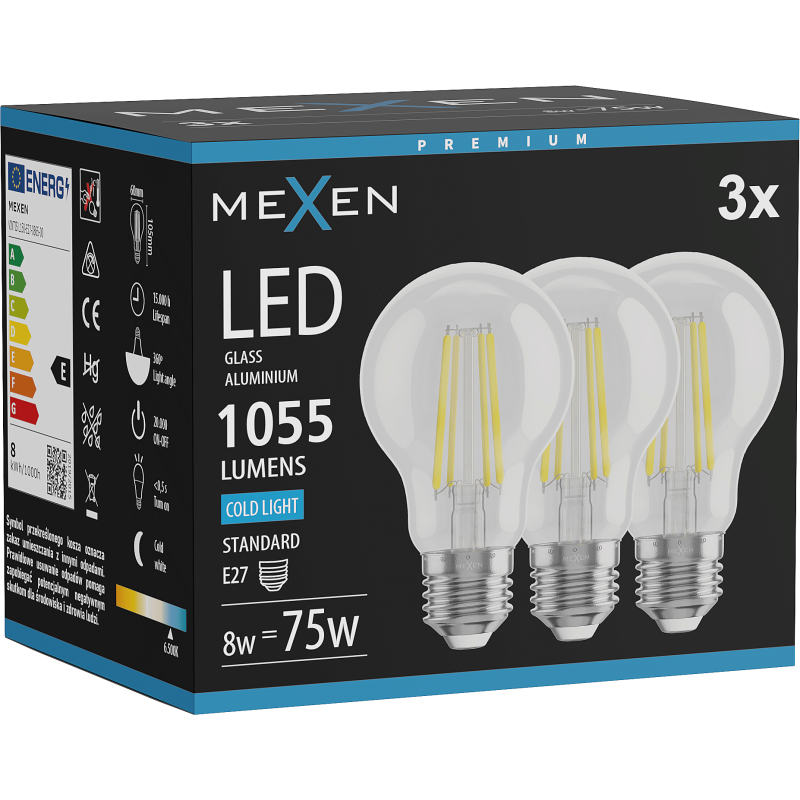 Mexen Vintis 3x žárovka filament LED E27, A60, 8W, Studená - 6500K, 1055 lm, čirá - L150-E27-0865-00x03