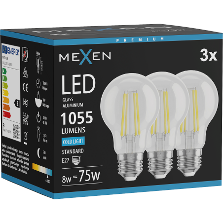Mexen Vintis 3x žárovka filament LED E27, A60, 8W, Studená - 6500K, 1055 lm, čirá - L150-E27-0865-00x03
