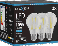 Mexen Vintis 3x žárovka filament LED E27, A60, 8W, Studená - 6500K, 1055 lm, čirá - L150-E27-0865-00x03