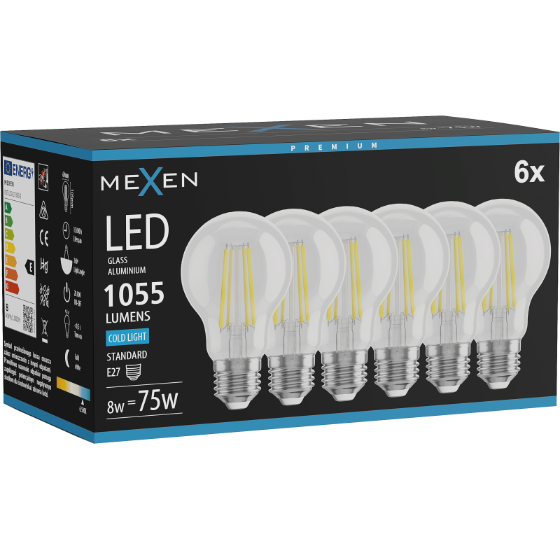 Mexen Vintis 6x Žárovka filament LED E27, A60, 8W, Studená - 6500K, 1055 lm, čirá - L150-E27-0865-00x06