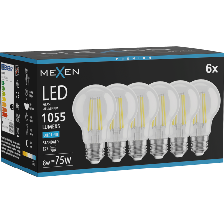 Mexen Vintis 6x Žárovka filament LED E27, A60, 8W, Studená - 6500K, 1055 lm, čirá - L150-E27-0865-00x06