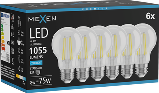 Mexen Vintis 6x Žárovka filament LED E27, A60, 8W, Studená - 6500K, 1055 lm, čirá - L150-E27-0865-00x06