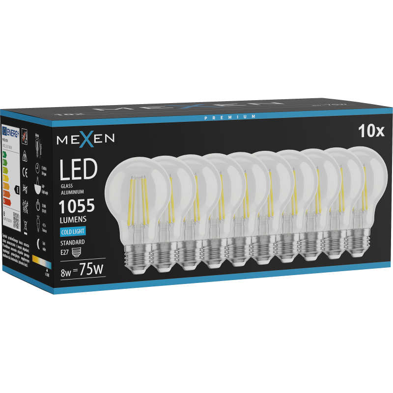 Mexen Vintis 10x Žárovka filament LED E27, A60, 8W, Studená - 6500K, 1055 lm, čirá - L150-E27-0865-00x10
