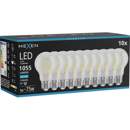 Mexen Vintis 10x Žárovka filament LED E27, A60, 8W, Studená - 6500K, 1055 lm, čirá - L150-E27-0865-00x10